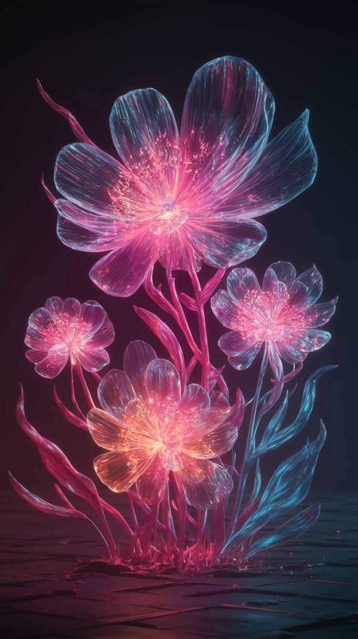 Ethereal Neon Blossoms in Dark Majesty