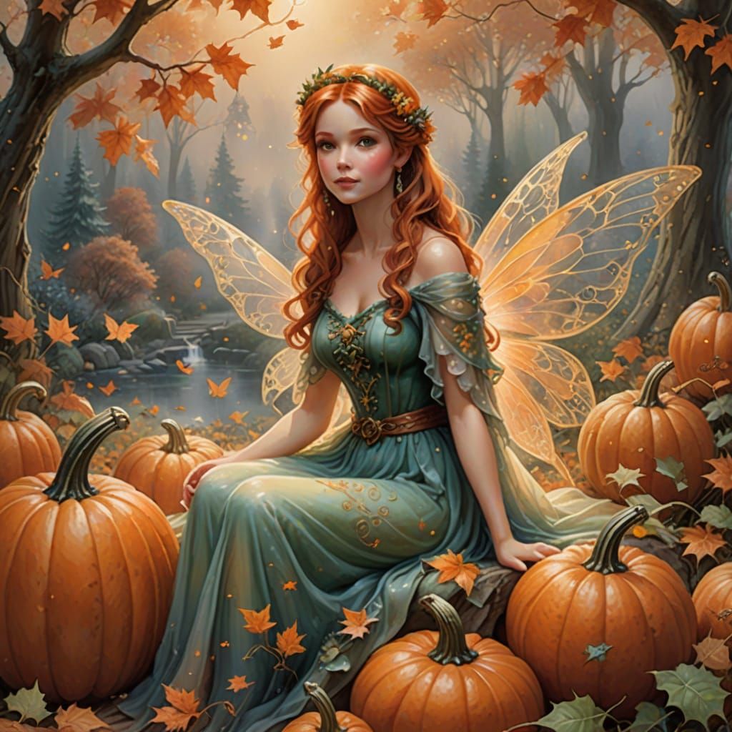 Ethereal Watercolor Fairy Woman in Autumn Mist