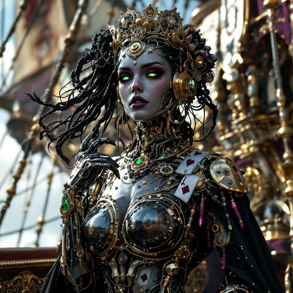 Steampunk Cyborg Queen of Spades in Dramatic Light