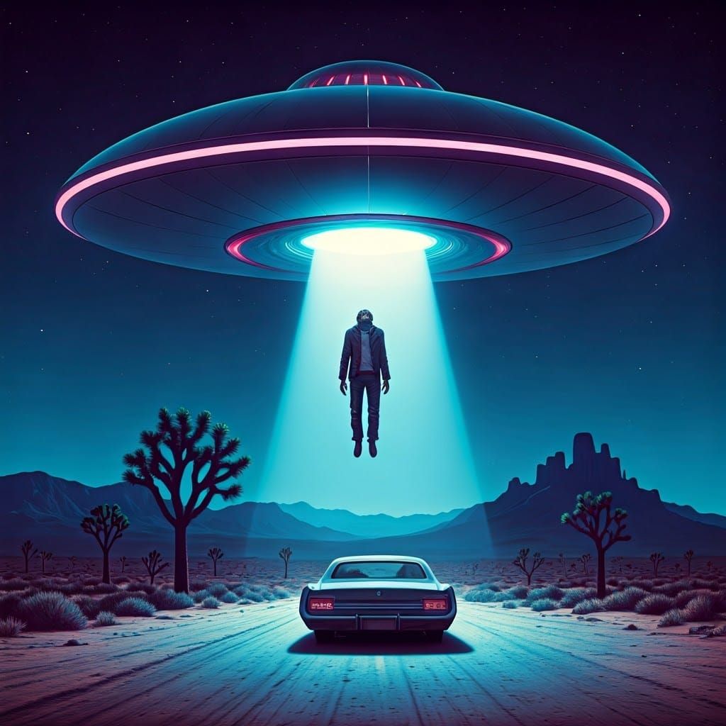 Ethereal Fantasy Scene with Flying Saucer and Desert Landsca...