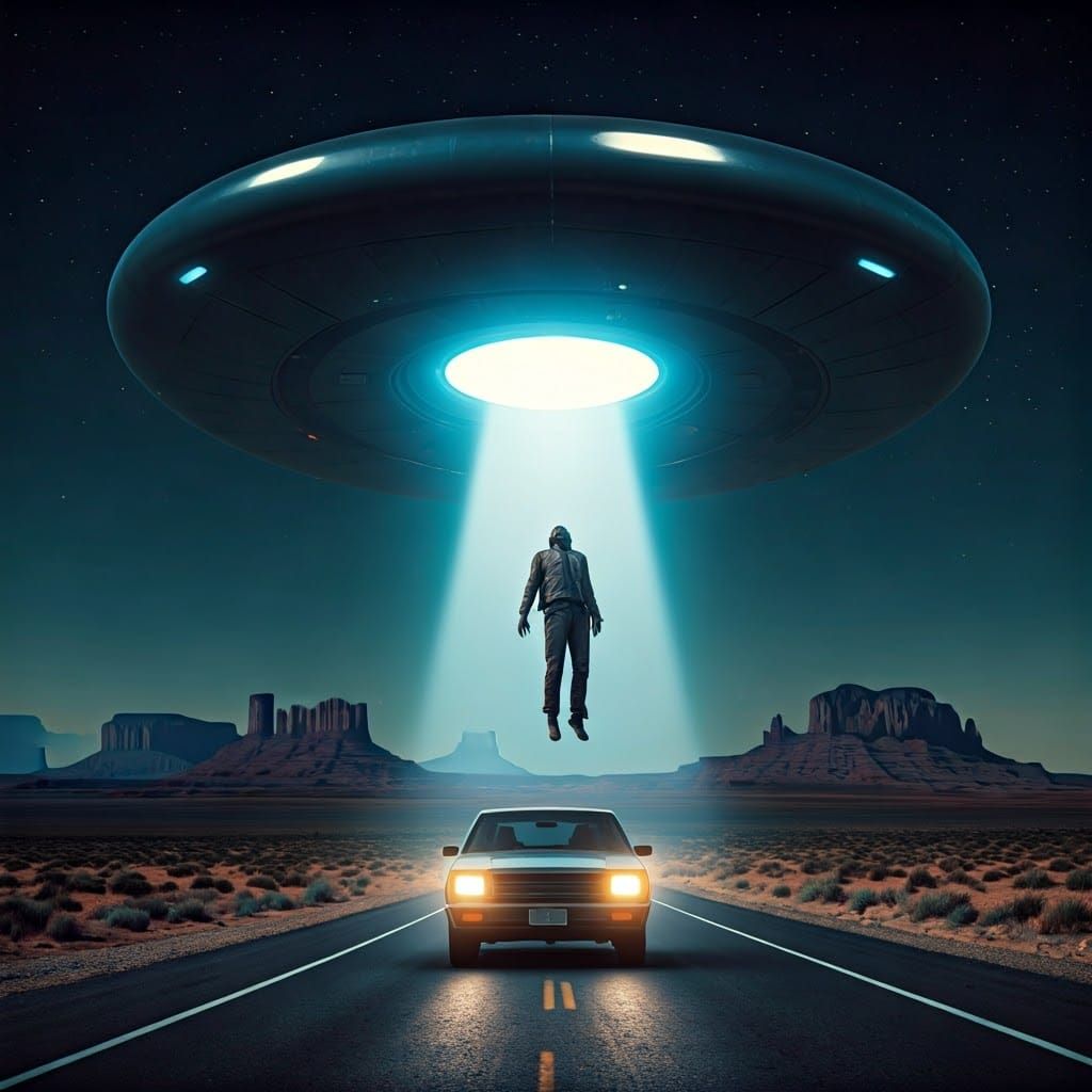 Man in Ethereal Beam, Surreal Desert Encounter