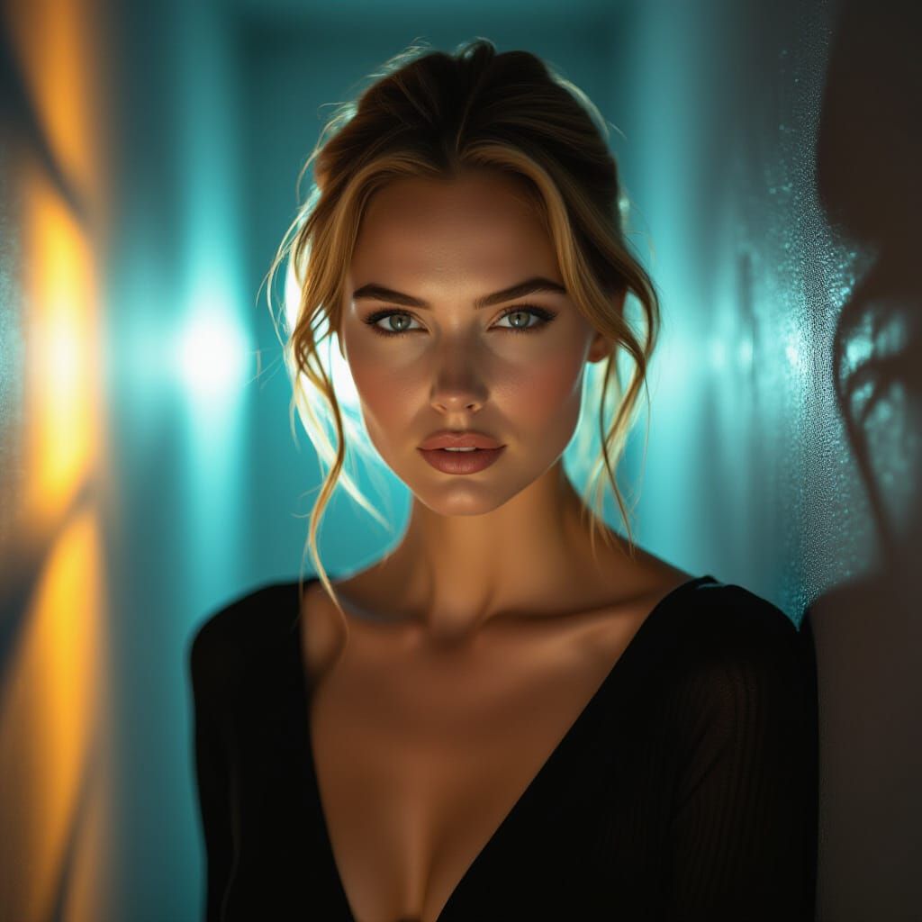 Golden Hour & Neon Portrait: A Woman's Intense Gaze