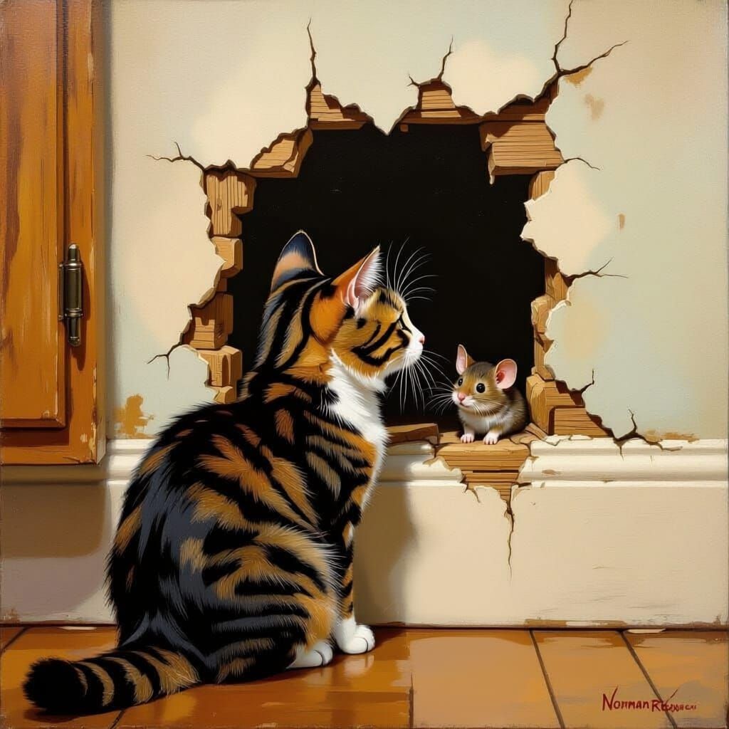 Cat Waits for Mouse in Kitchen, Norman Rockwell Style