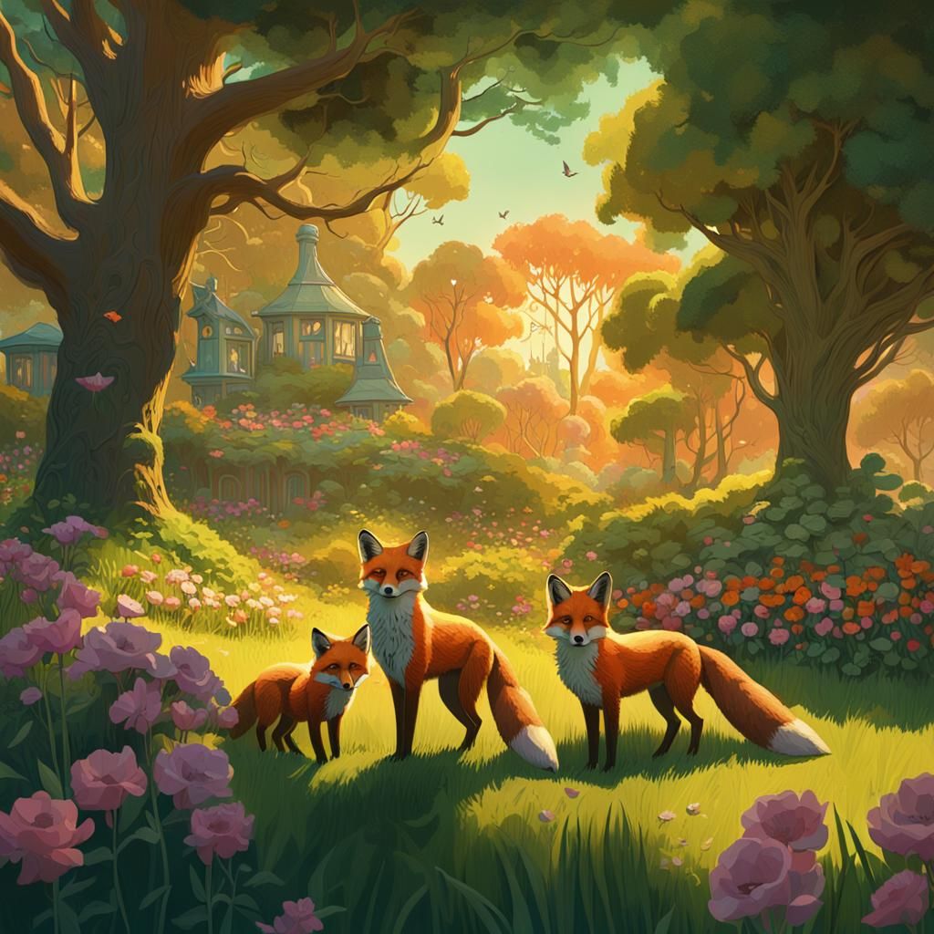 Fox Family in Lush Garden: Digital Matte Painting