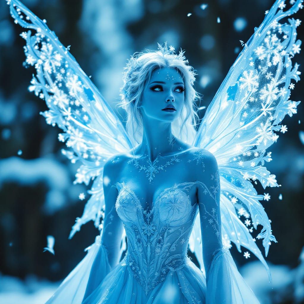 Beautiful Ice Fairy With Snowflakes and Flowing Dress