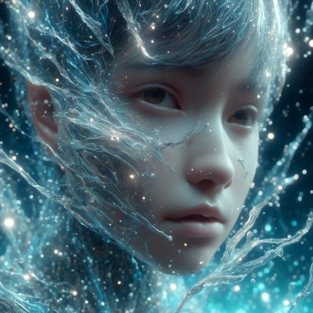 Cracked Face Splashed with Water in Serene Style