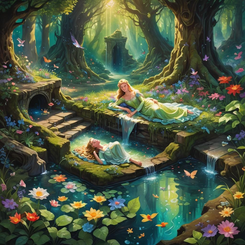 Sleeping Beauty in Vibrant Forest, Surreal Oil Painting