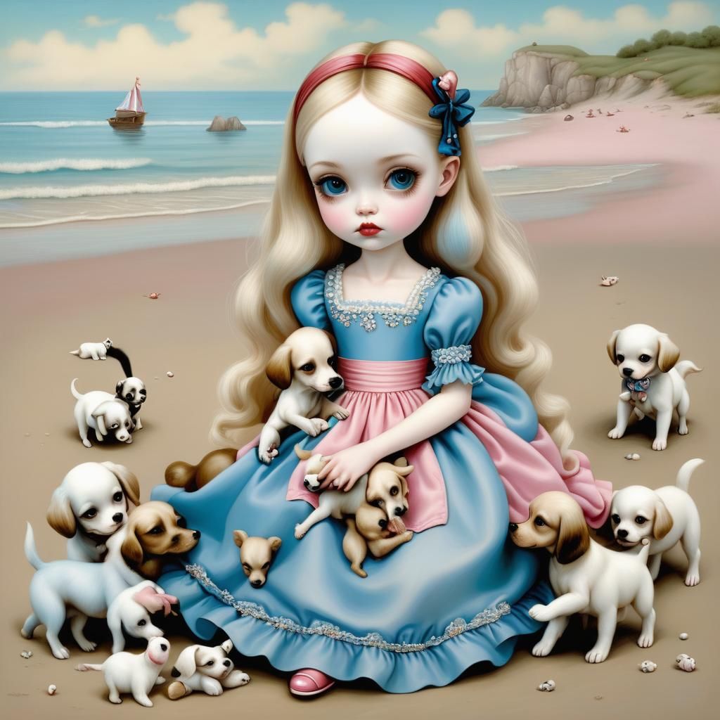 Girl with Puppies on Beach in Pop Surrealism Style