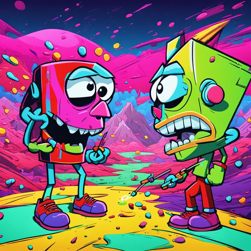 Cartoon Rivalry in Fluorescent Neon Colors