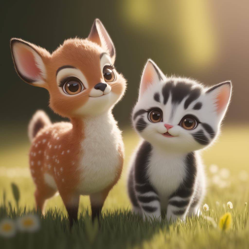 Tiny Deer and Kitten Friends in a Sunlit Meadow