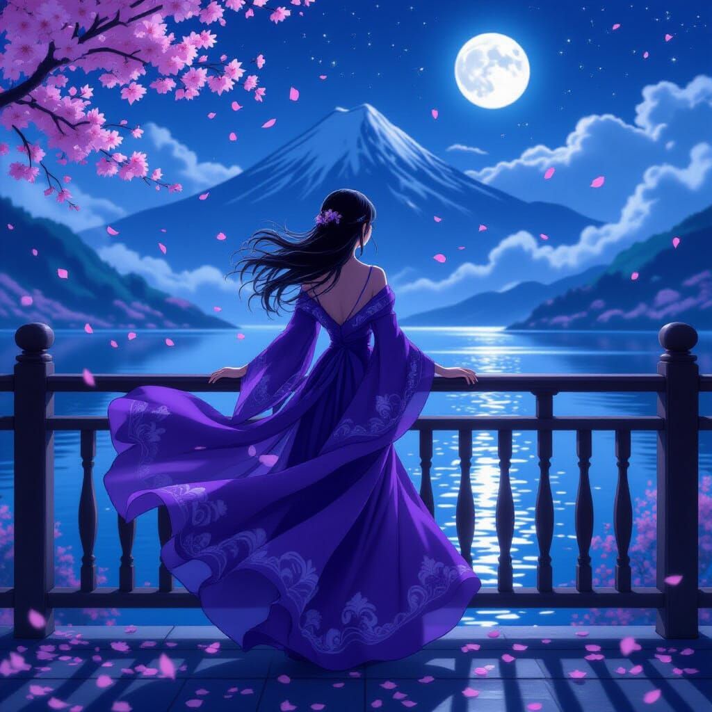 Night Empress on Misty Lake Balcony in Fantasy Anime Style