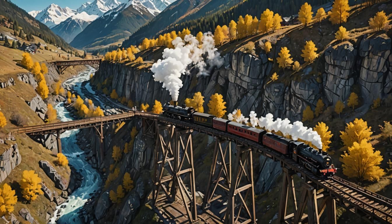 Steam Train on Bridge over Ravine, Hyperrealistic