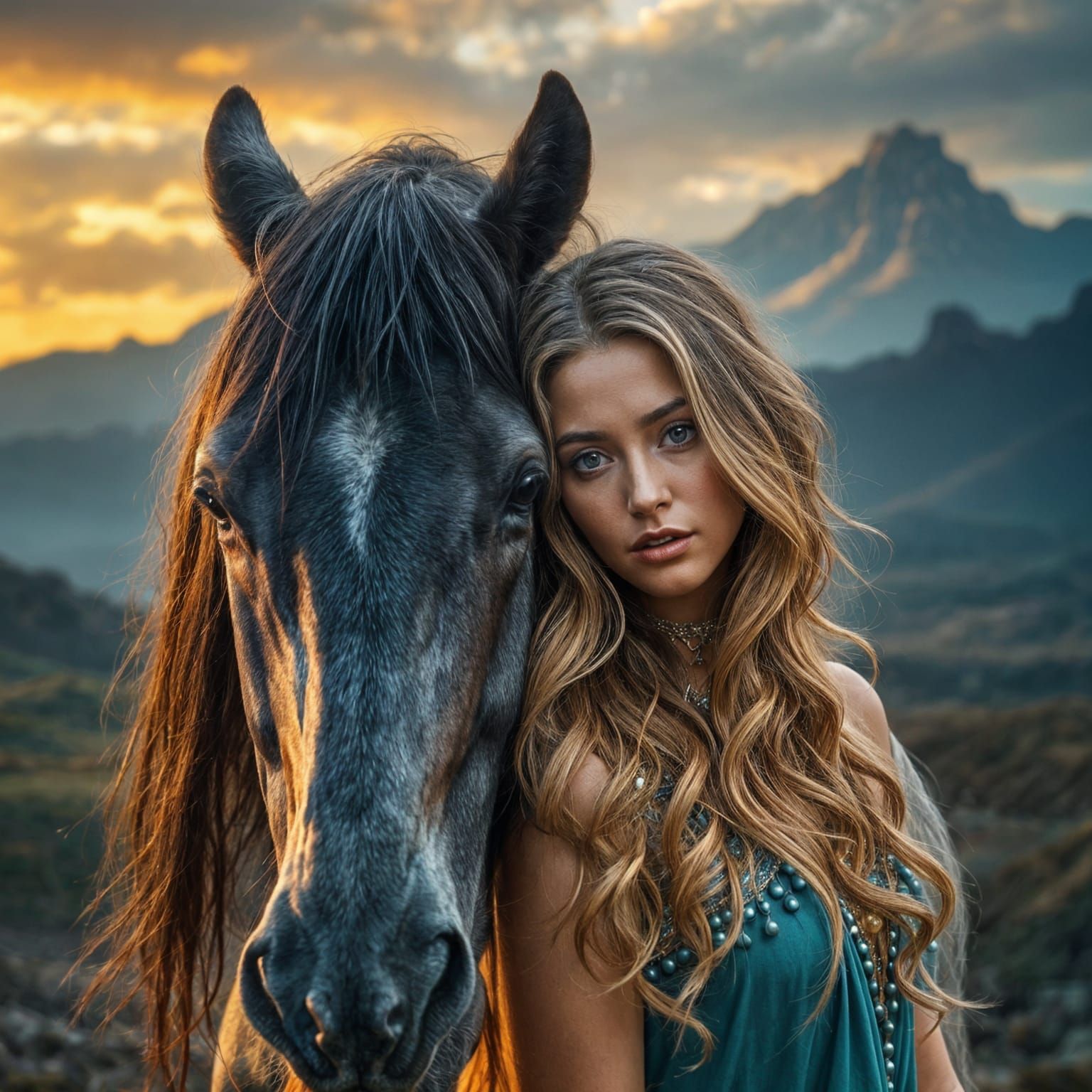 Woman and Horse in Ancient Greece Landscape