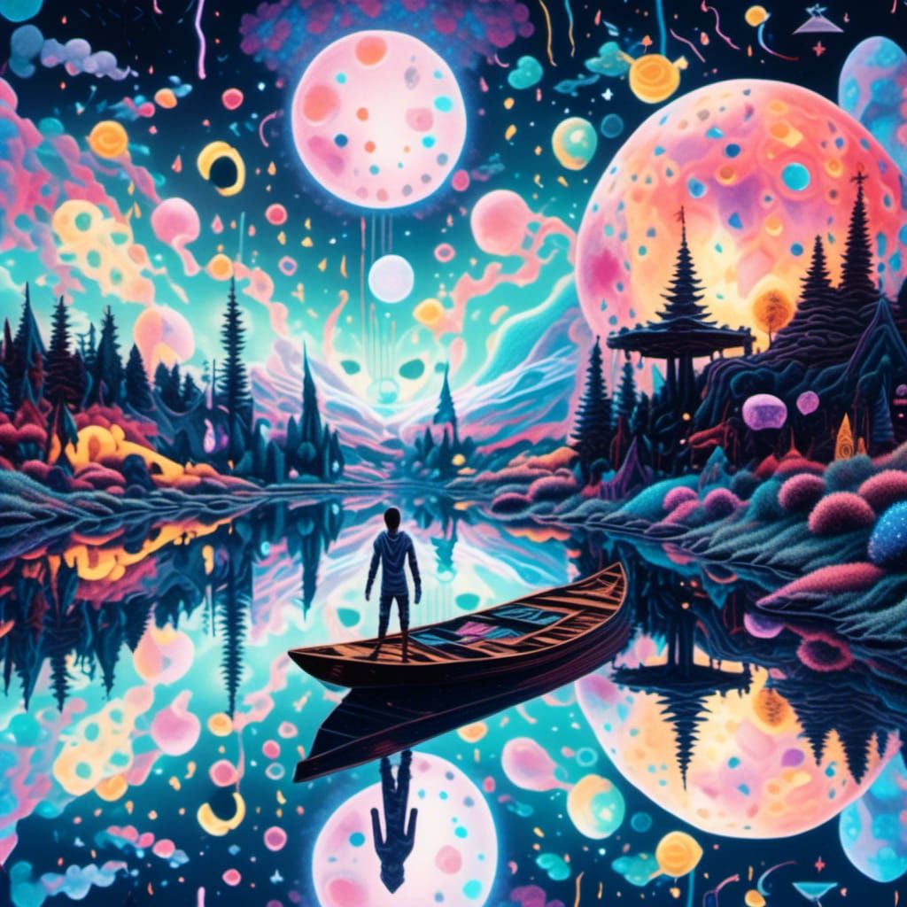 Boy Fishing on Bioluminescent Lake as Cosmic Art