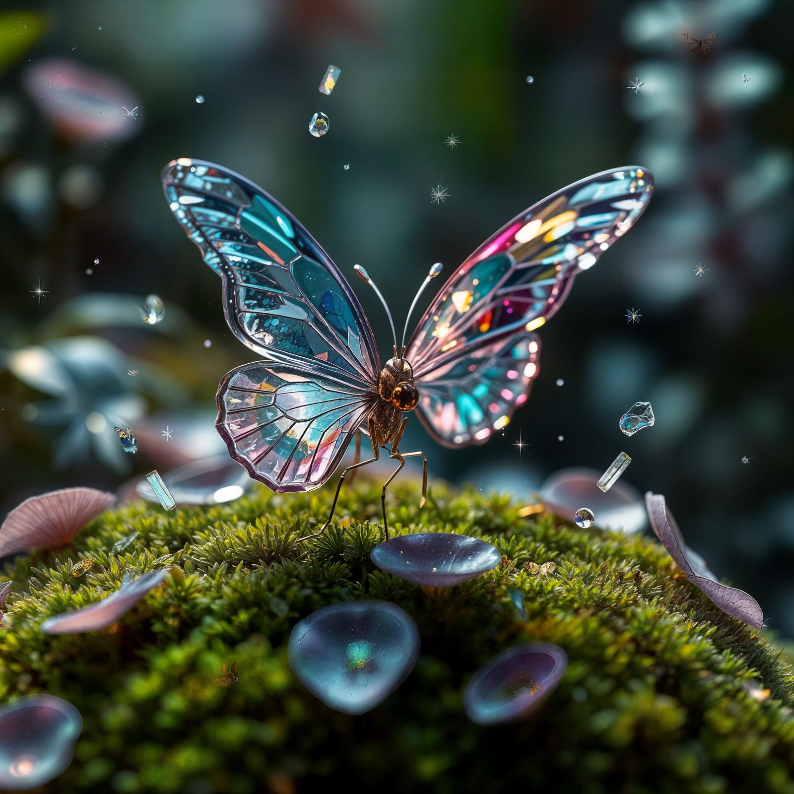 Glass Butterfly Emerges in Mystical Garden of Whispers