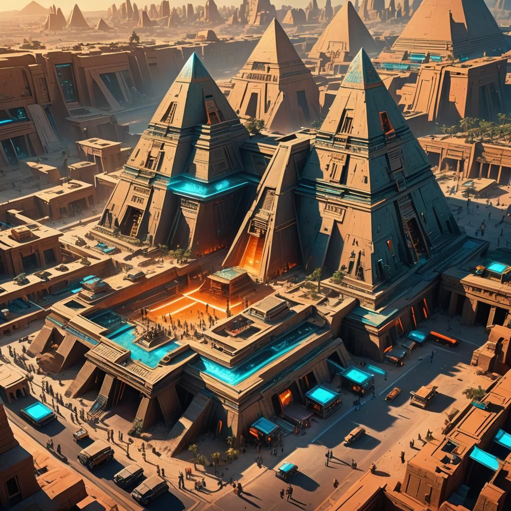 Futuristic Egyptian Pyramid City Street Scene