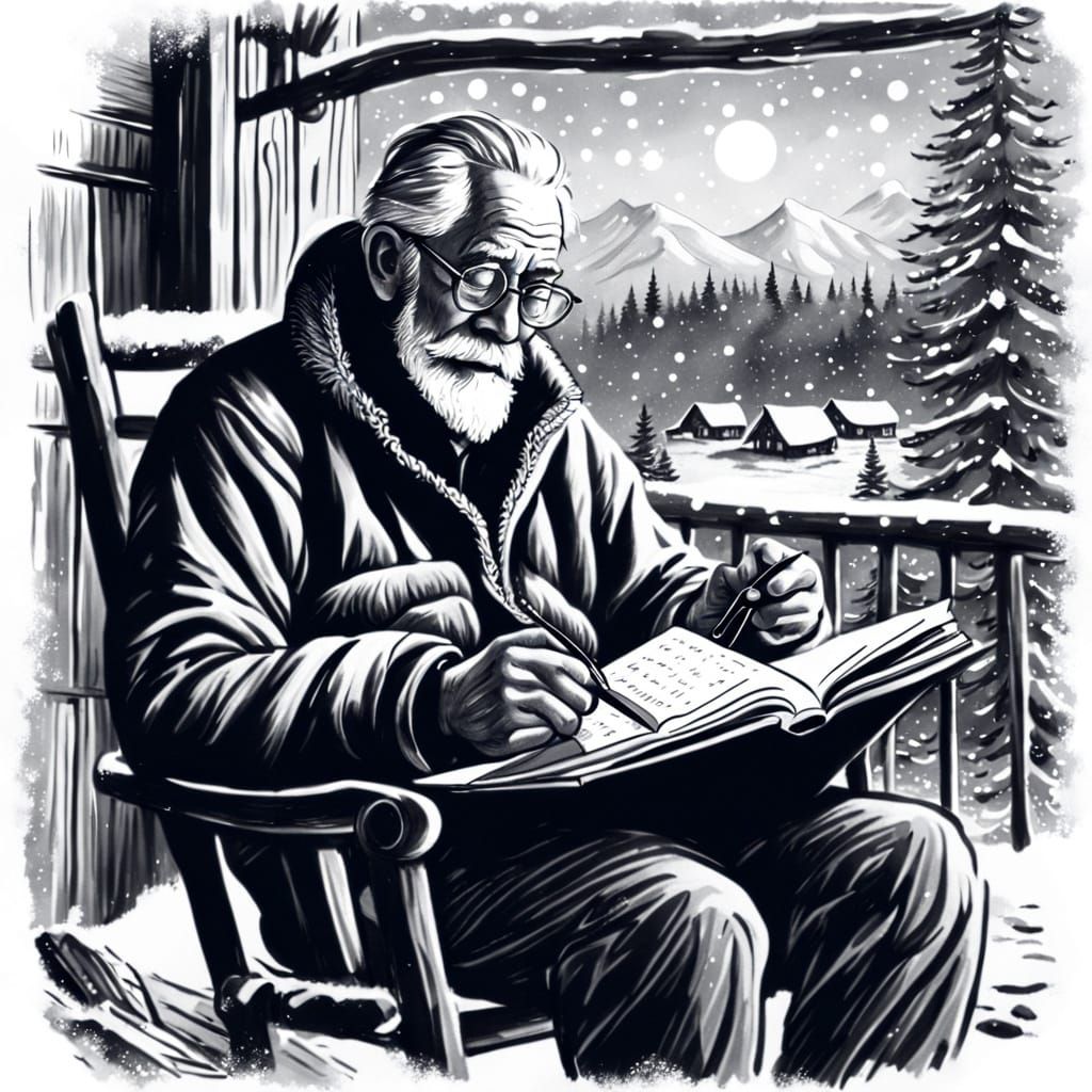 Cozy Old Man Reading in Snowy Cabin: Charcoal Drawing