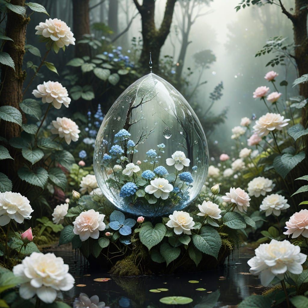 Massive Crystal Dewdrop Encapsulating Floral Garden