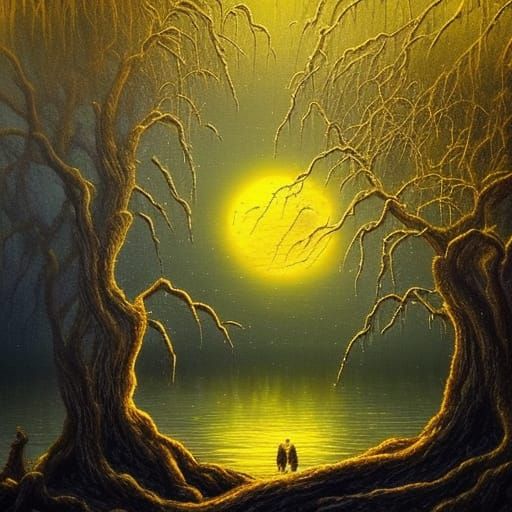 Moonlit Willow Tree in Water: Impasto Painting