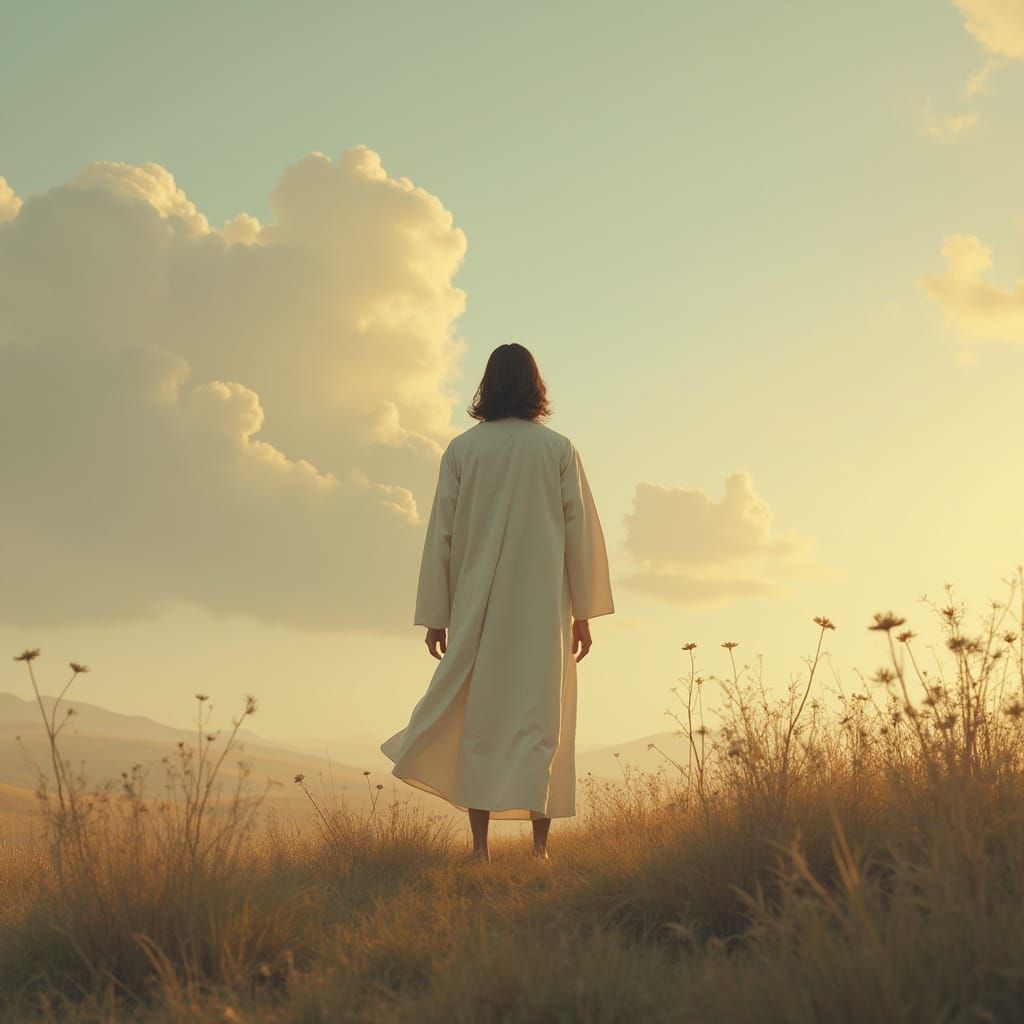 Jesus in Serene Landscape, Anime-Inspired Art