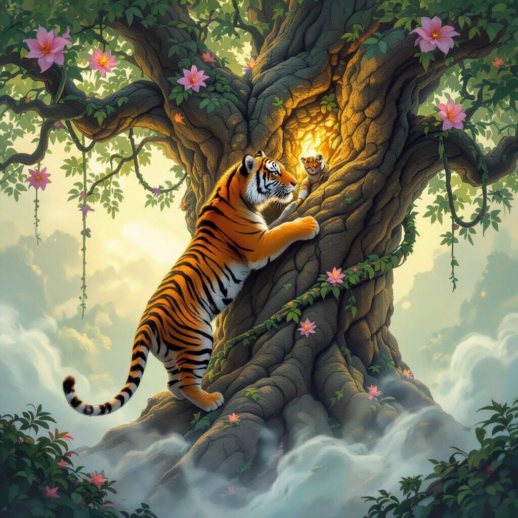 Tigress Climbs Glowing Tree to Rescue Cub in Fantasy Art Sty...