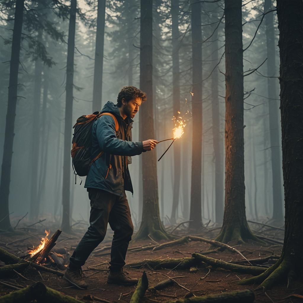 Hiker Lighting Match in Misty Forest: Cinematic Still