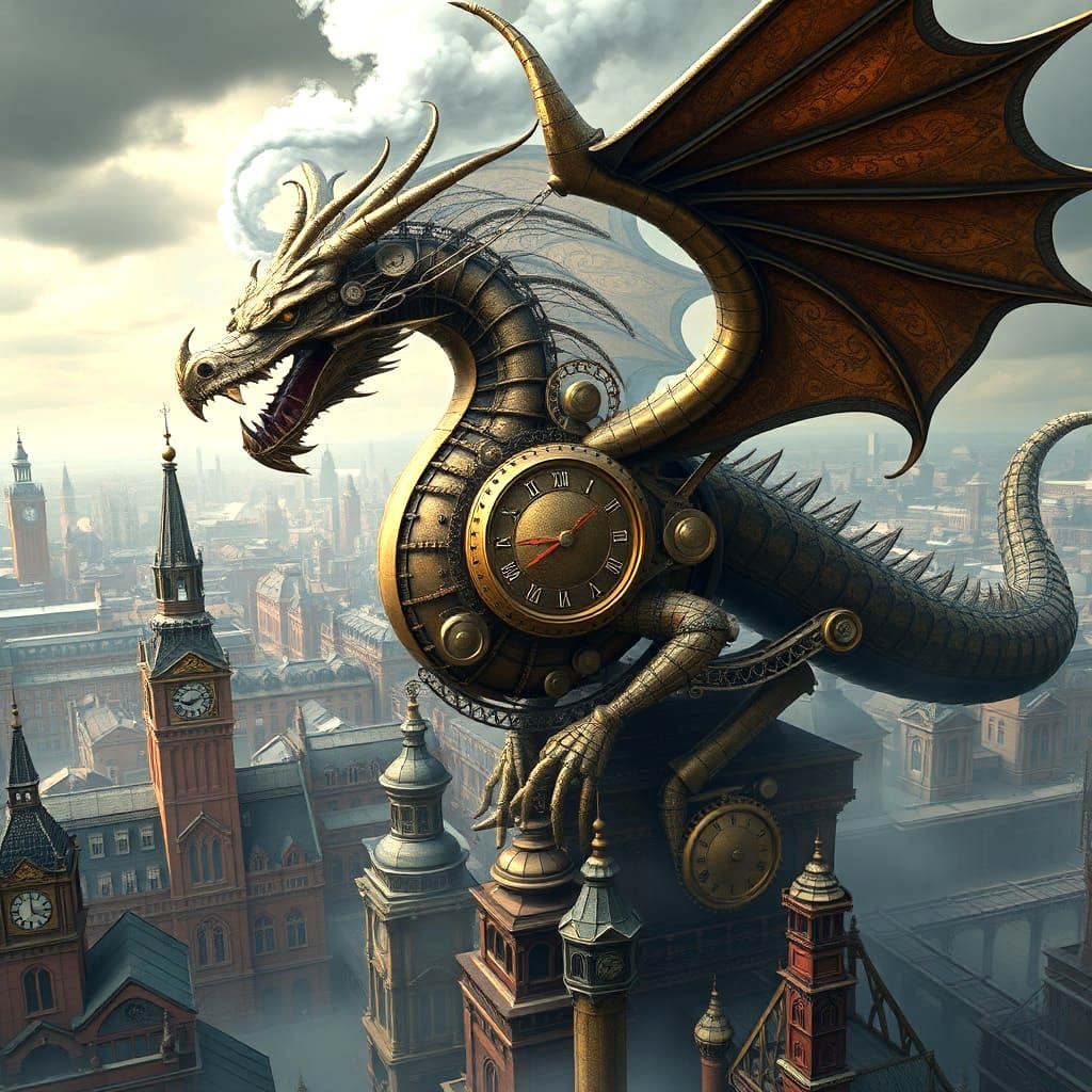 Steampunk Dragon Perched Atop Victorian Cityscape