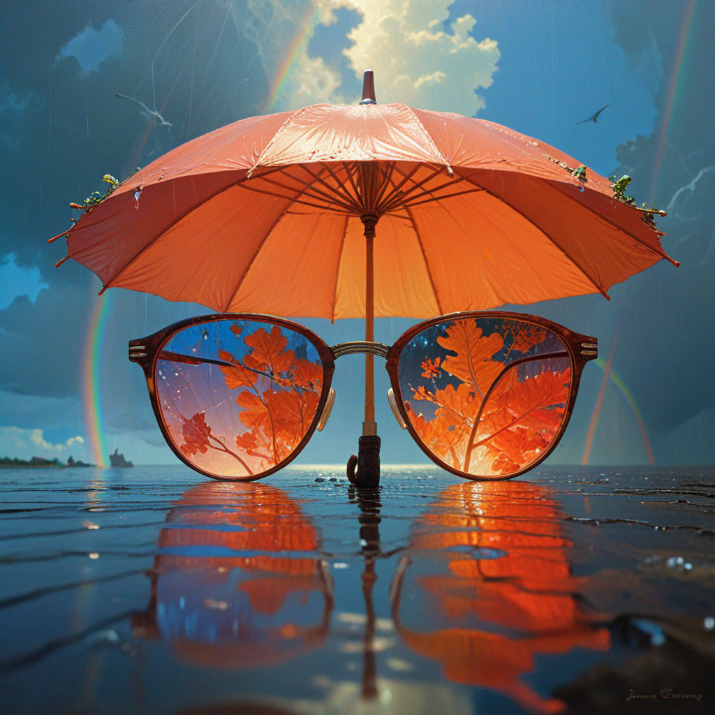 Enchanted Dryad Sees Vibrant Coral-Orange Umbrella Under a R...