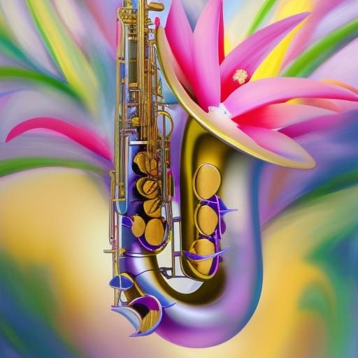Hyperrealistic Saxophone in Astral Flower Field