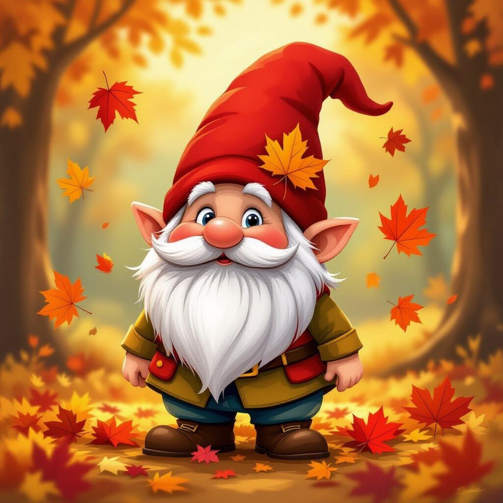 Cheerful Autumn Gnome in Storybook Style