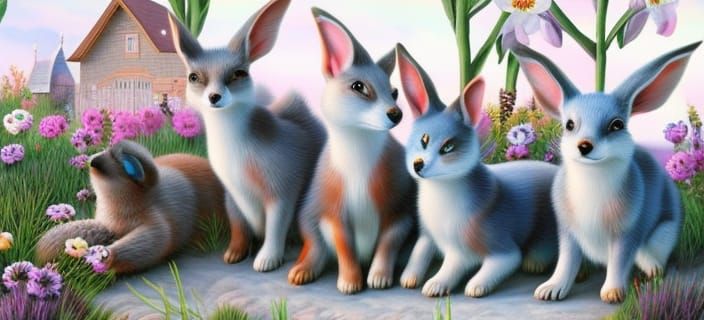 Happy Rabbit Family in Whimsical Garden, Digital Illustratio...