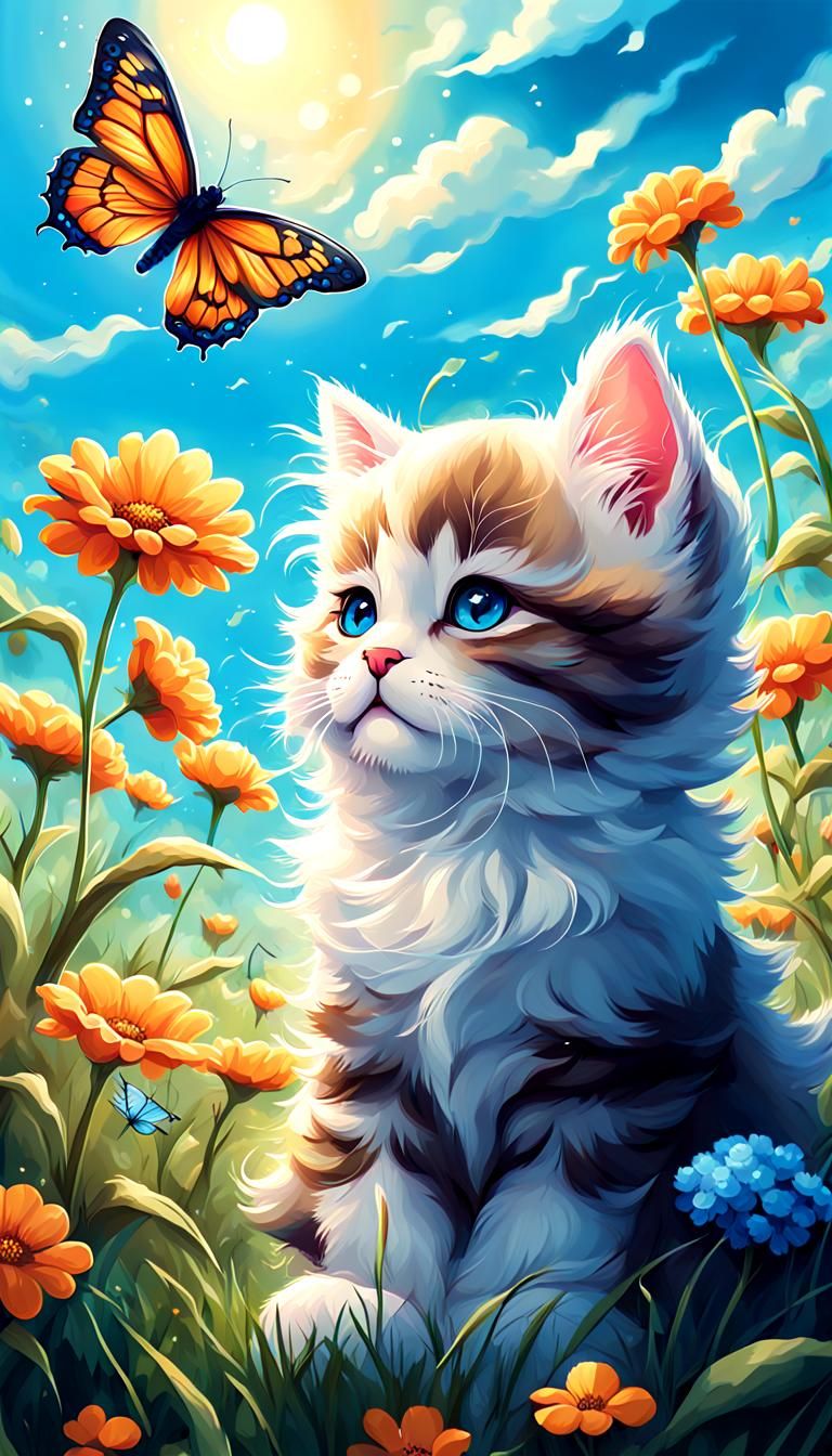 Kittens Chasing Butterfly: Storybook Style Illustration