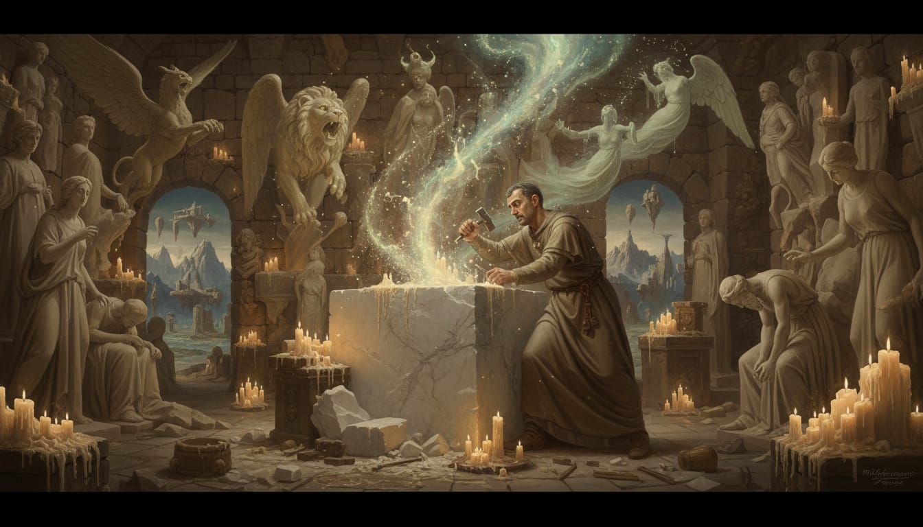 Sculptor Creates Living Figures from Marble Sparks in Candle...