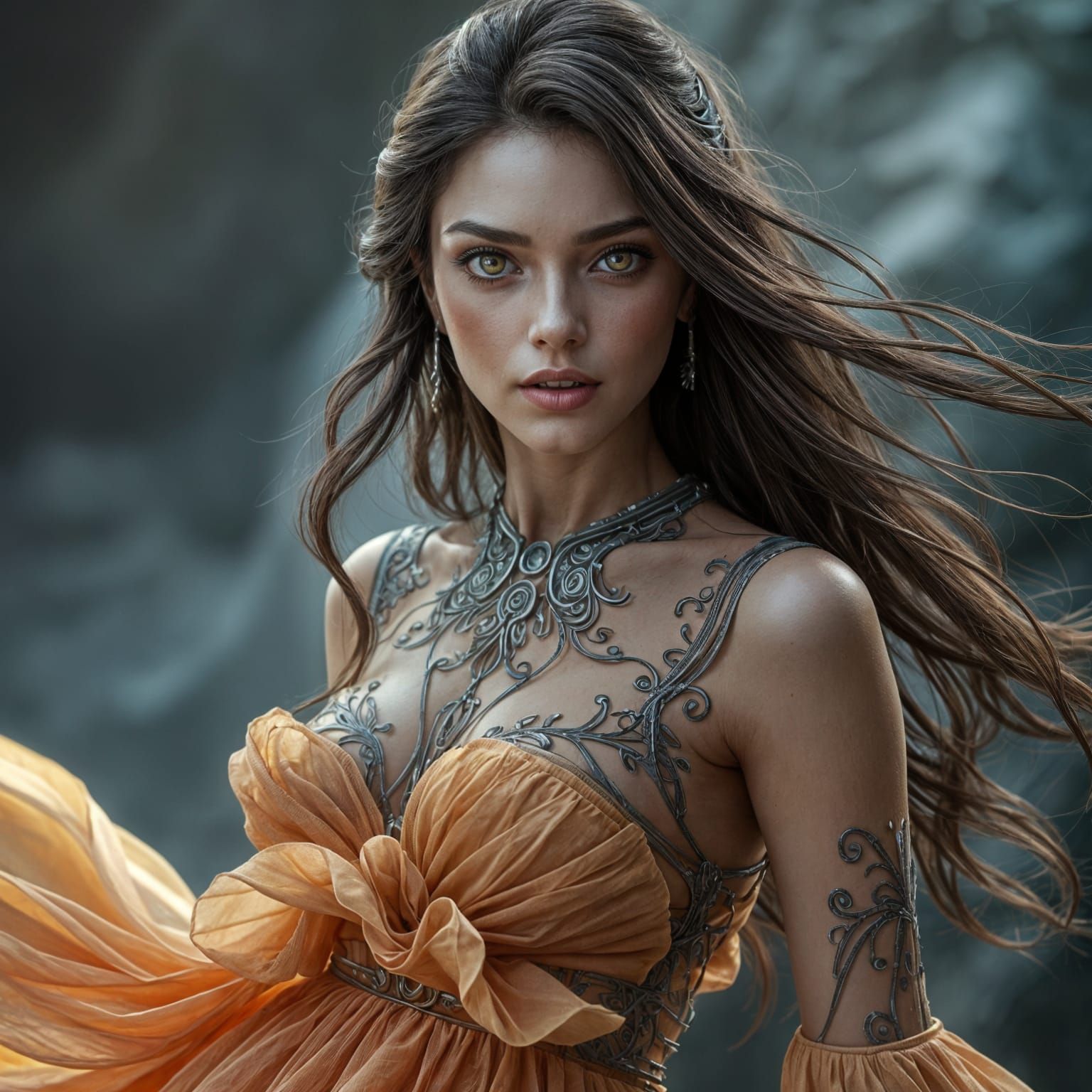 Hyperrealistic Woman with Bionic Eyes in Intricate Gown