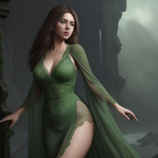Brunette in Flowing Green Dress: Digital Matte Painting