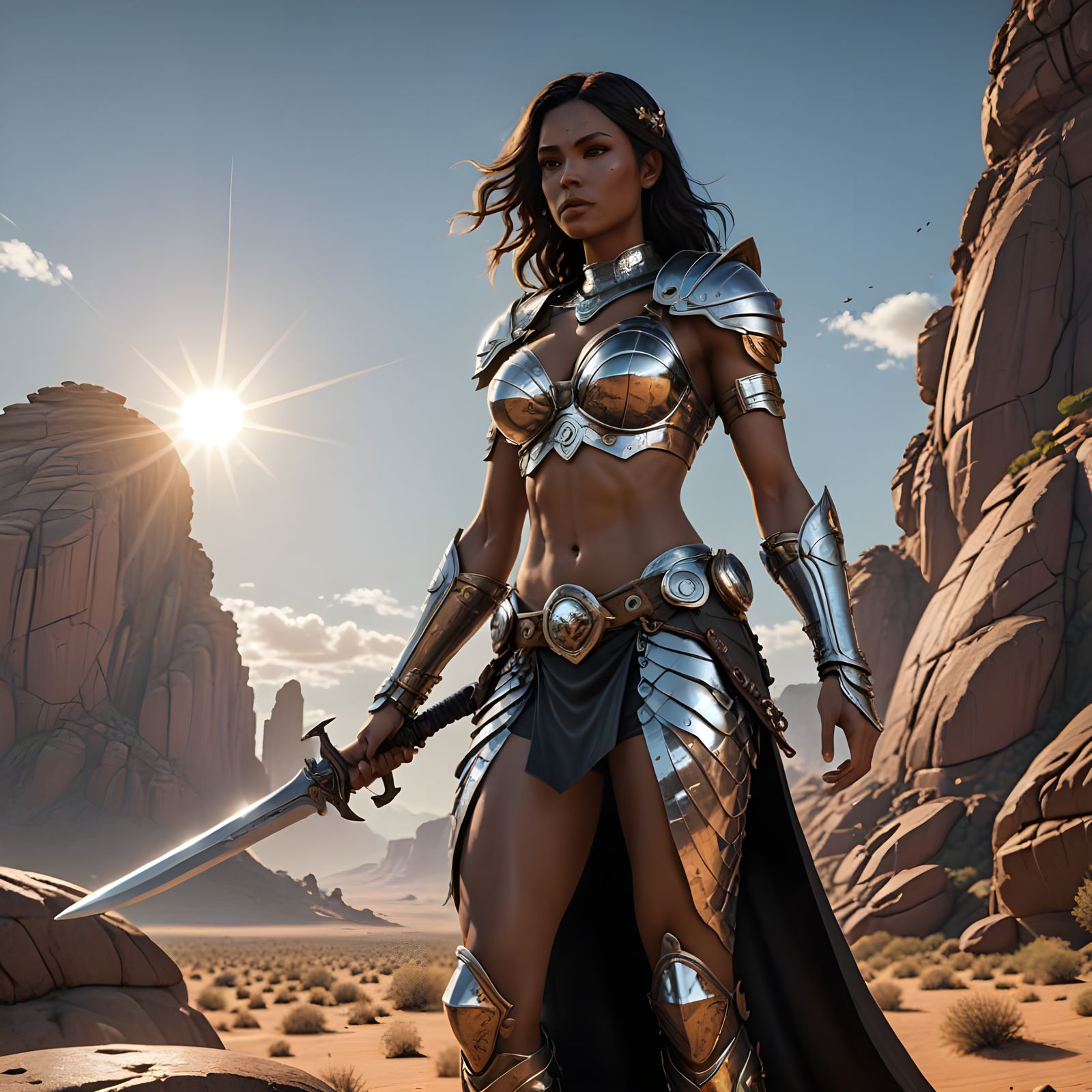 Barbarian Warrior Princess in Chainmail Bikini, Sword Raised...