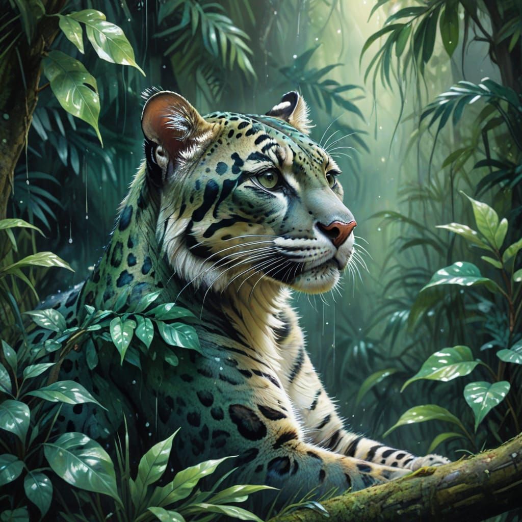 Clouded Leopard in Emerald Rainforest Watercolor