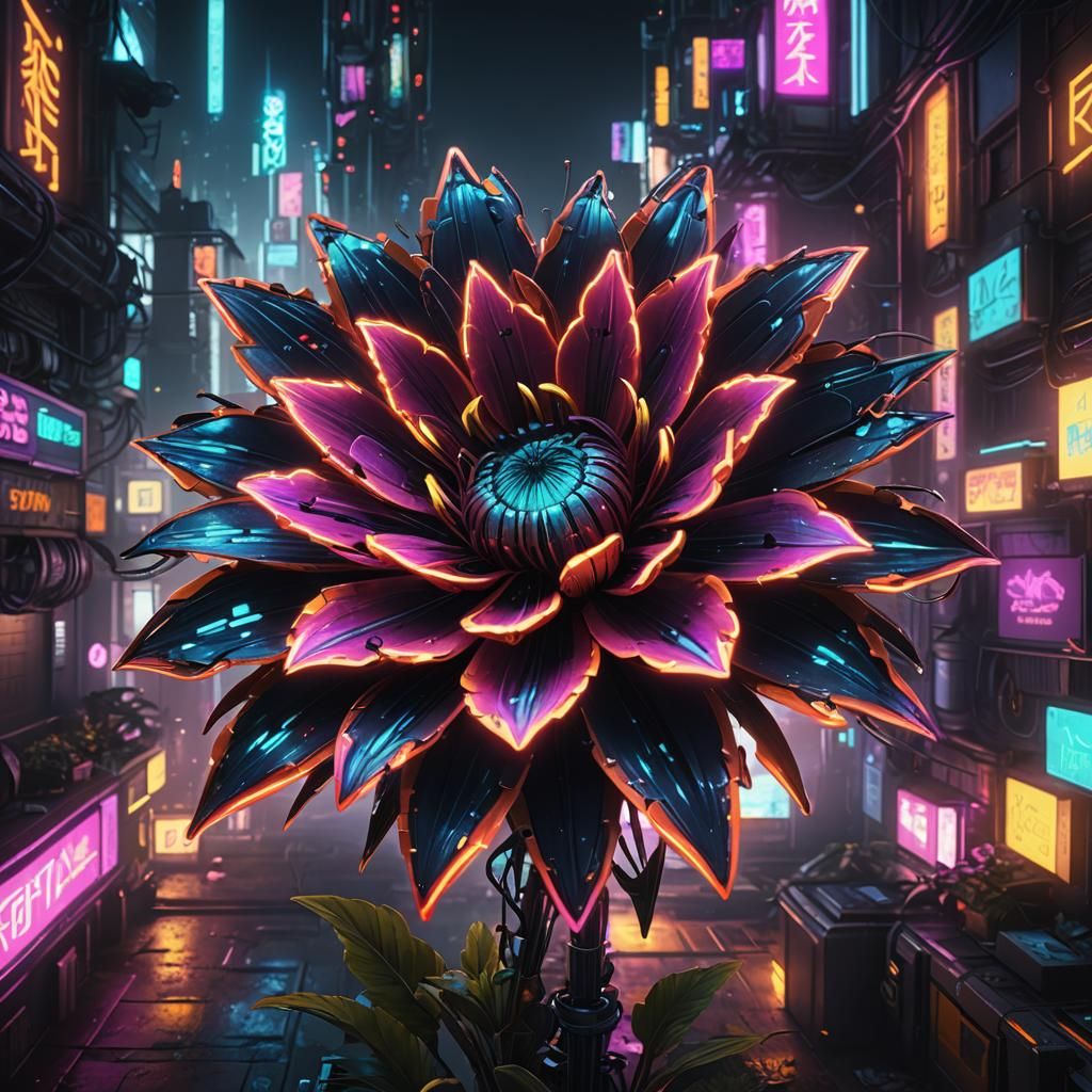 Neon Flower in Cyberpunk Style, Futuristic Urban Art