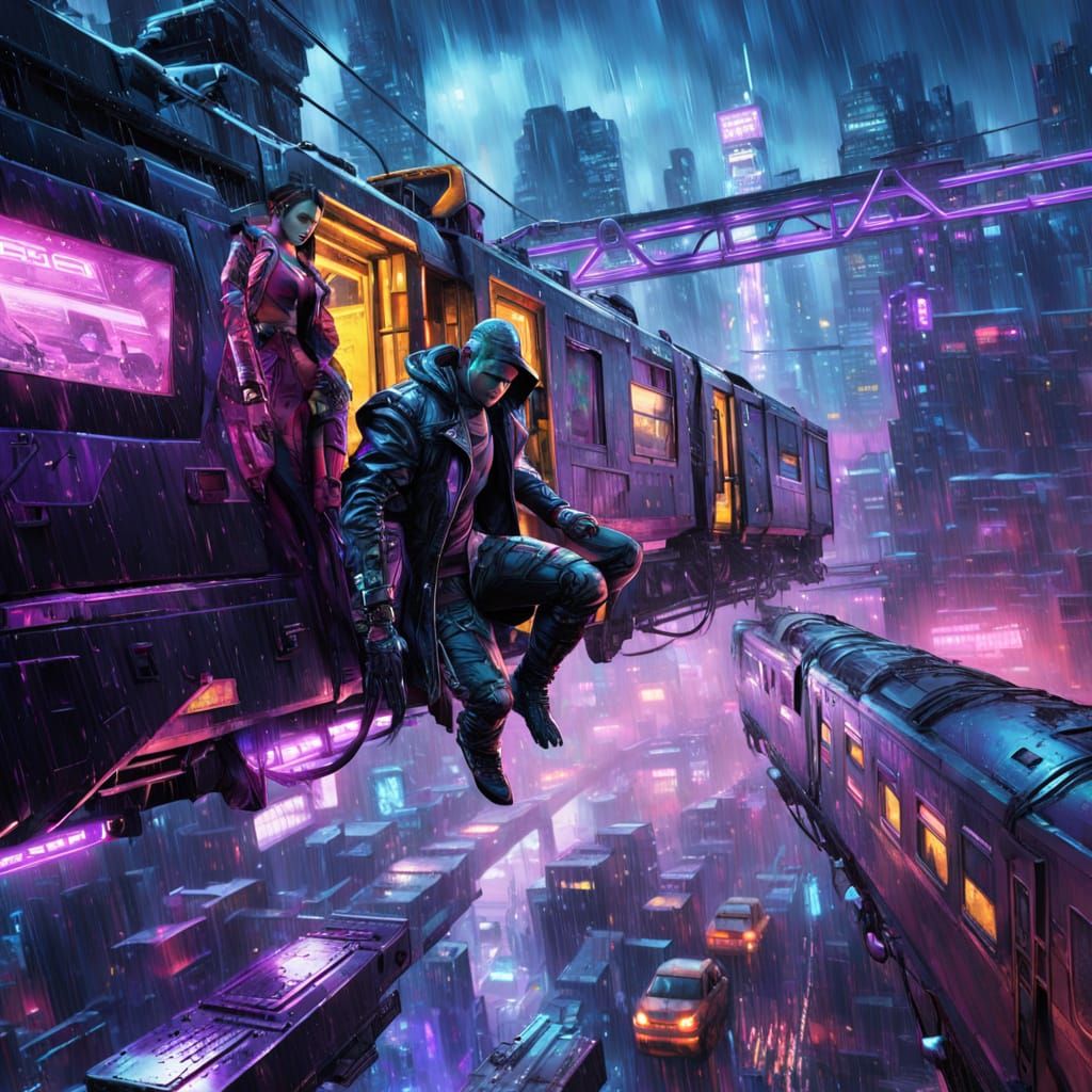 Cyberpunk Train Battle in Neon Noir Cityscape