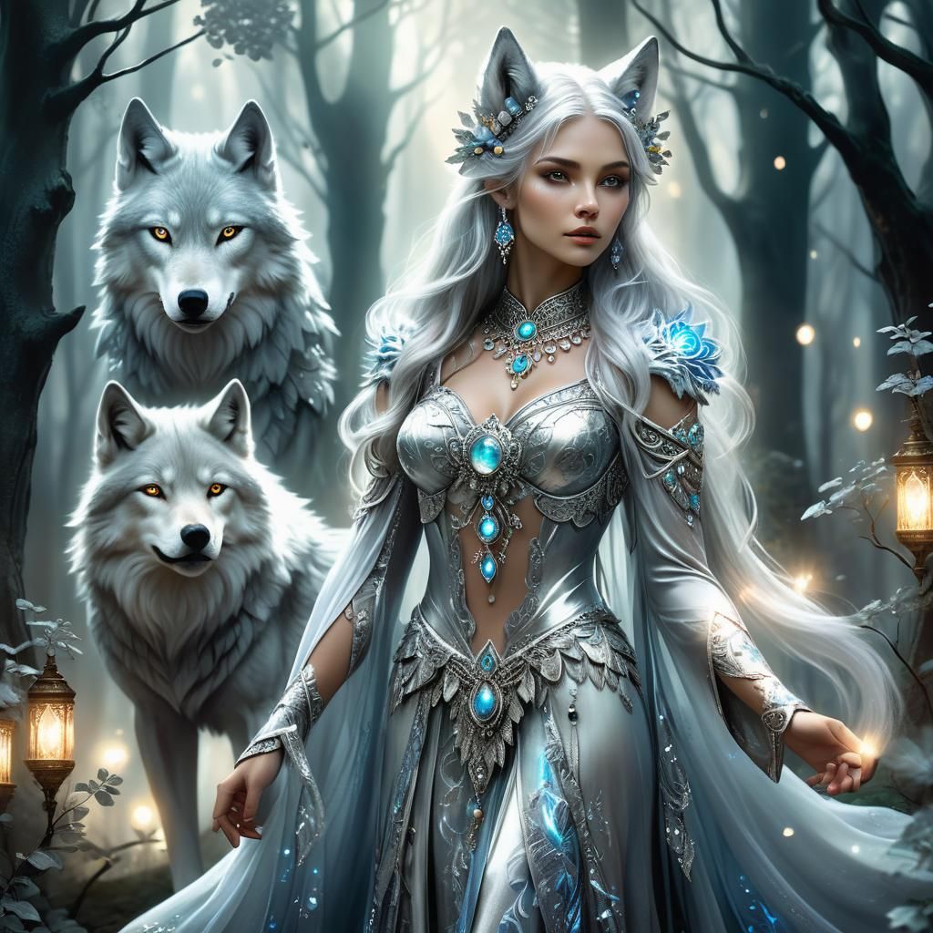 Silver Wolf Woman in Enchanted Forest: Fantasy Art