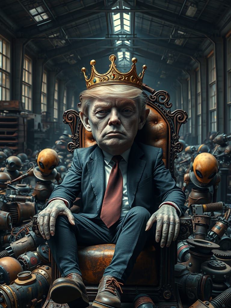 Alien Trump on Rusty Throne: Hyperrealistic Sci-Fi Portrait