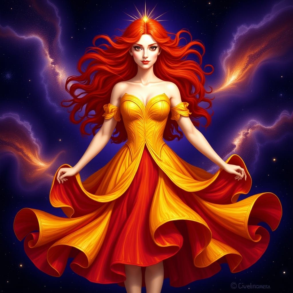 Cosmic Goddess of Passion in Fiery Gown