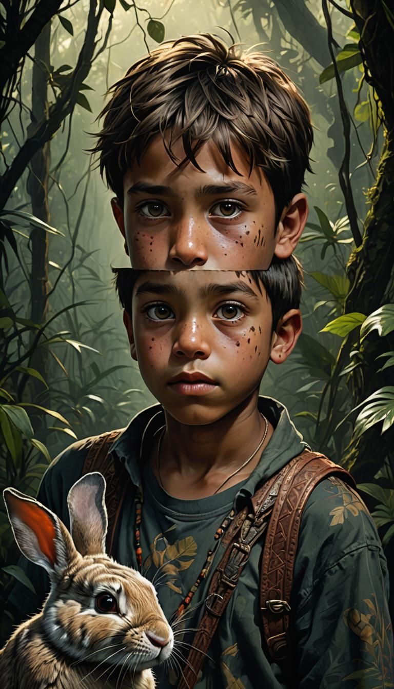 Boy with Rabbit and Mouse in Jungle, Hyper-Realistic Art