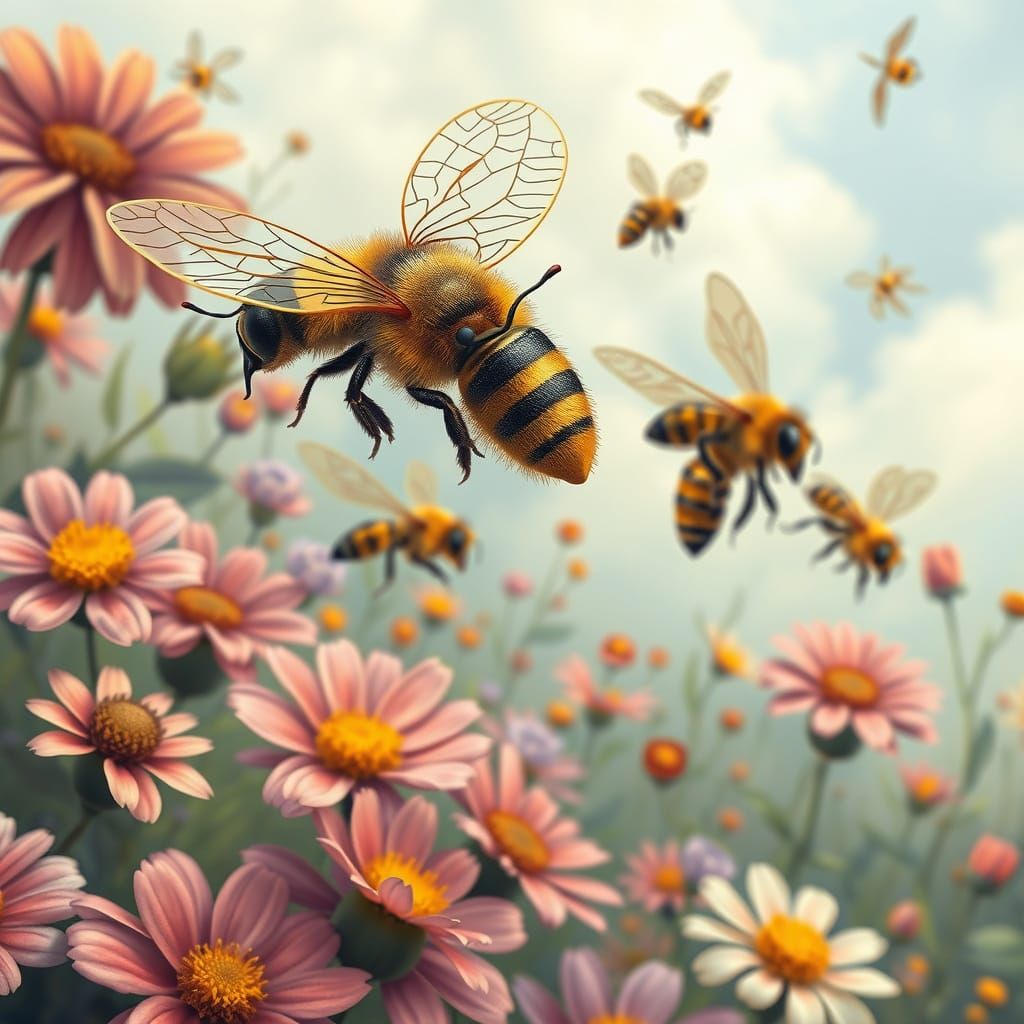 Whimsical Garden Bees Soar in Dreamy Colors
