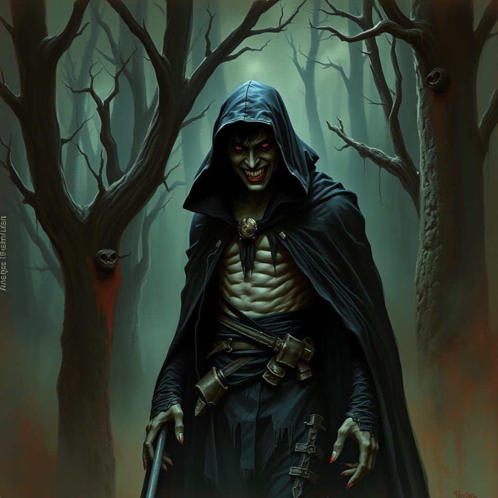 Vampire in Dark Forest: Gritty Fantasy Art