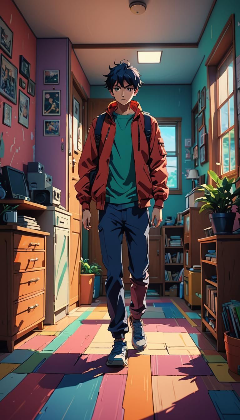 Person Walking in House in Anime Style