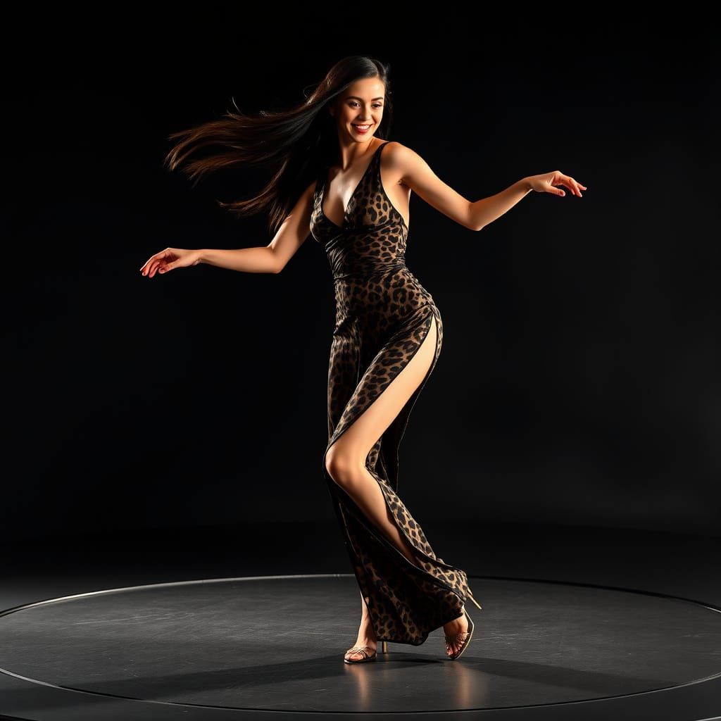 Elegant Dark-Haired Dancer on Stage in Leopard Print Gown