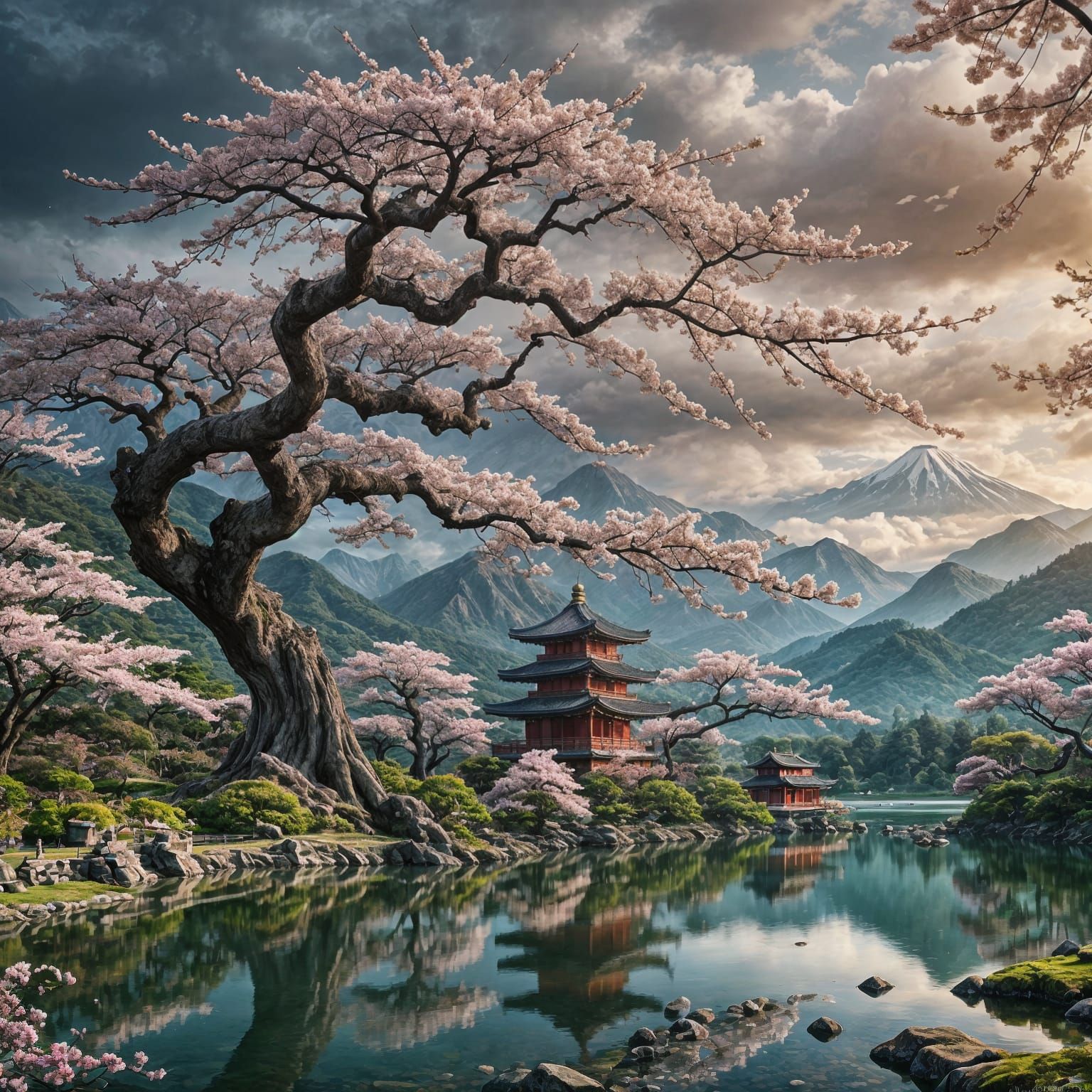 Sakura Tree by Lake with Japanese Temples