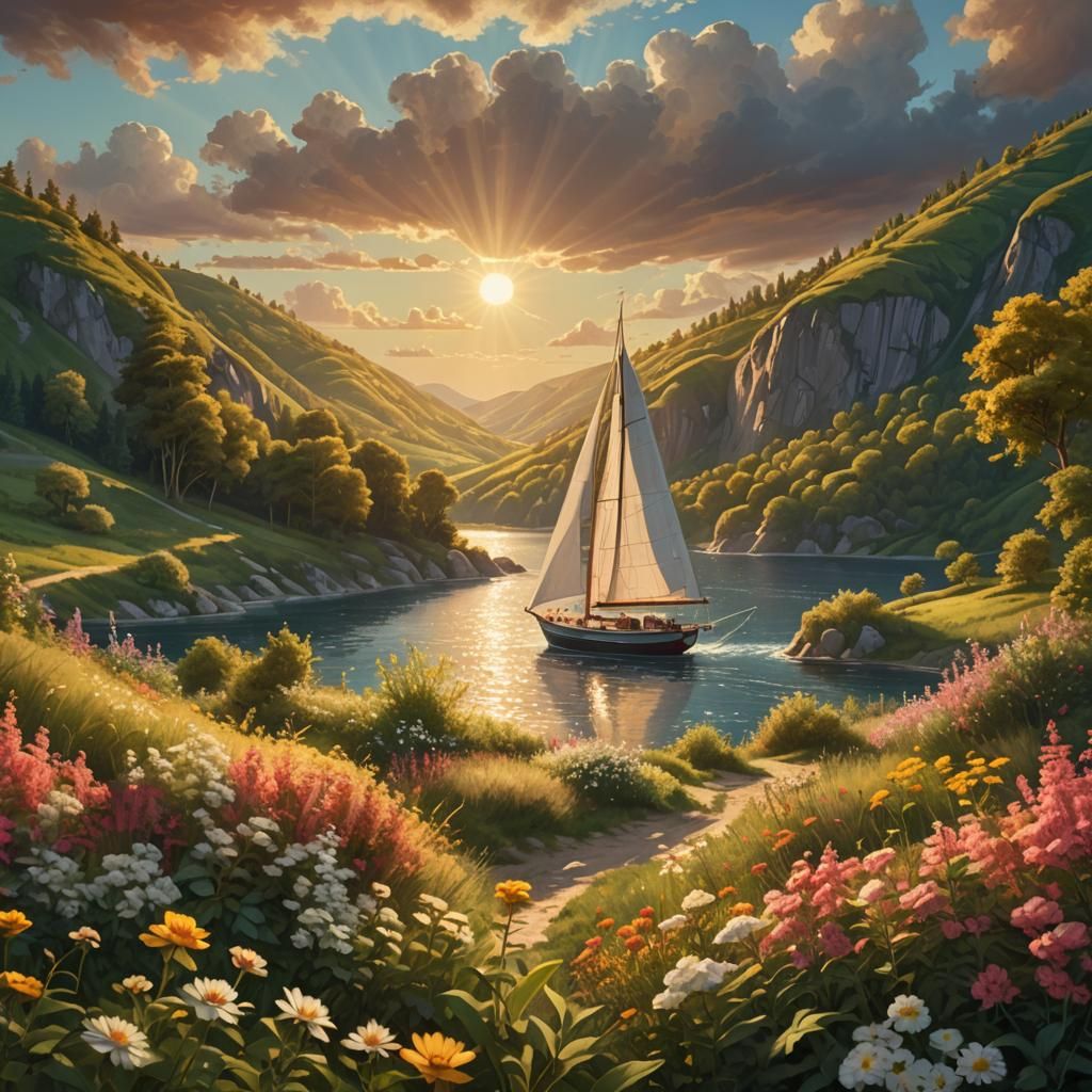 Sailboat in Rolling Hills, Digital Matte Painting