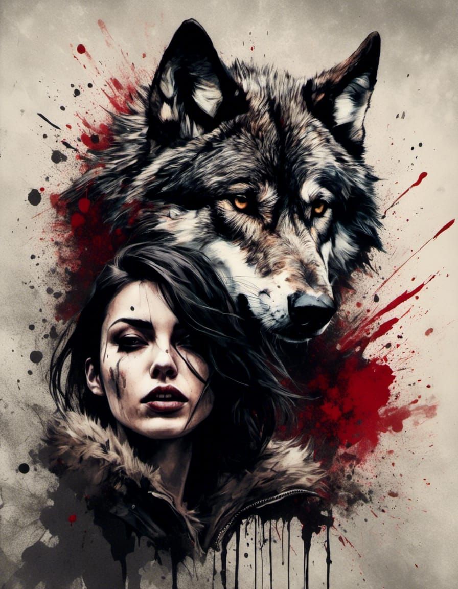 Girl and Scarred Wolf in Ink Splatter Art